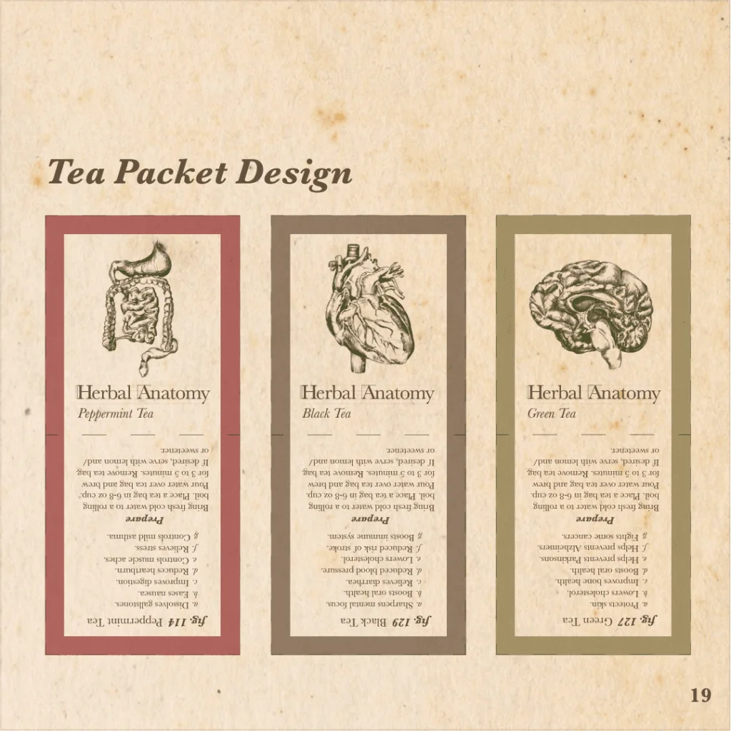 Fold-out tea packet design for Peppermint, Black, and Green tea, each with its organ illustration