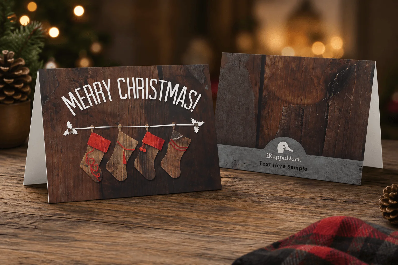iKappaDuck Christmas card mockup, front and back on dark wood