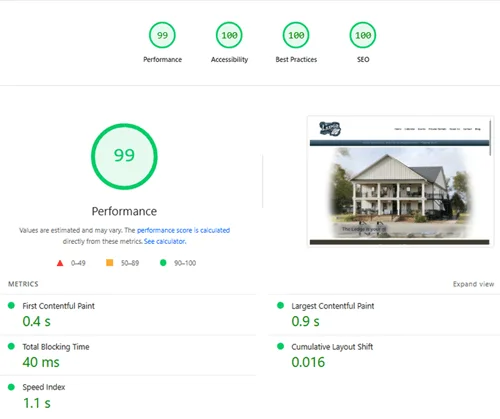 Google Page Insights score report for The Ledge website
